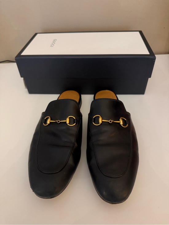 Gucci Shoes - Gucci Black Leather Horsebit Backless Loafers with Gold Hardware